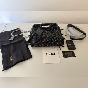 Maje Black Mini Bag with Fringe and Rhinestone embellishment.